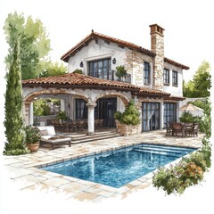 Obraz premium Mediterranean Villa Watercolor, Pool, Home Design - Watercolor illu.