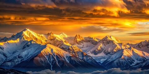 Fototapeta premium Sunset casting warm golden light over snow-capped mountains , sunset, mountains, nature, scenic, landscape, dusk, twilight