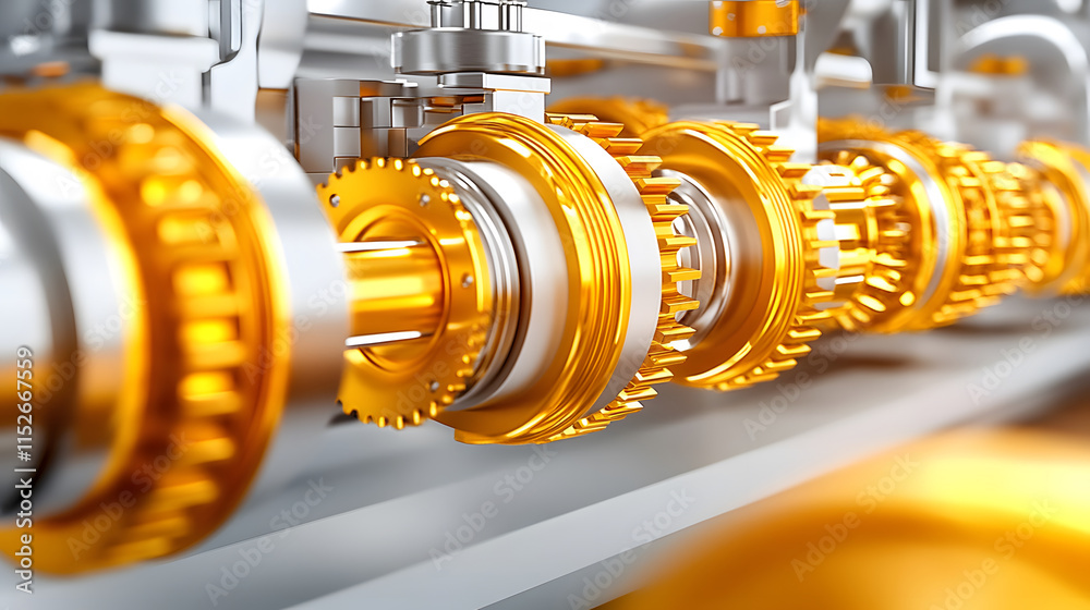Poster Close-up of golden gears in a mechanical system showcasing intricate engineering