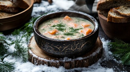 Cozy Nordic Winter Meal - Finnish Salmon Soup with Rye Bread and Dill in Snowy Rustic Setting