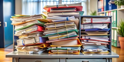 A large pile of binders filled with papers overflowing on a filing cabinet , paperwork, organization, files, stack