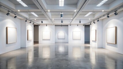 Mockup poster displayed in a modern minimalist art gallery exhibition interior, mockup, poster, gallery