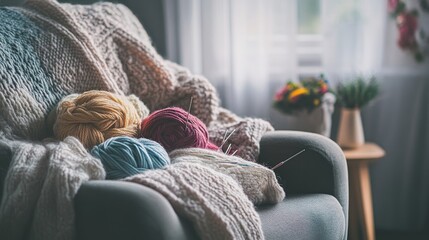 Obraz premium A cozy knitting corner with yarn and needles neatly arranged, Hand-knit projects in progress on a comfy armchair, Lifestyle photography style