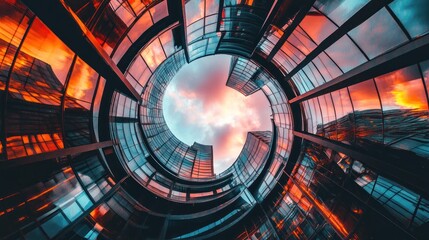 A dramatic view of modern architecture reflecting vibrant sunset colors in a circular perspective.