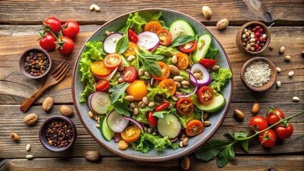 Vegan salad with fresh vegetables, nuts, and seeds on a wooden table , healthy, food, vegan, salad, vegetables, nuts