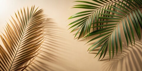 Fototapeta premium Palm leaves shadow on beige background, freeze motion, palm leaves, shadow, beige, background, tropical, nature, sunlight