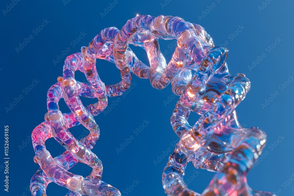 Poster abstract dna double helix structure against a vibrant blue sky.