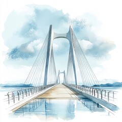 Obraz premium Watercolor Cable-Stay Bridge Landscape - Watercolor illustrations