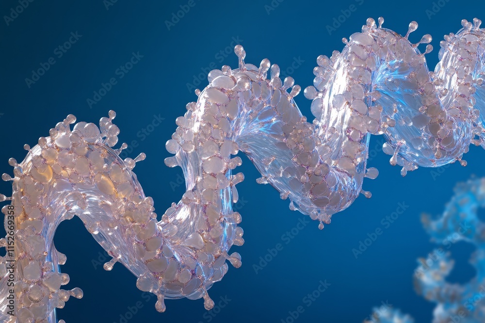 Poster microscopic helical structure with spherical protrusions against a blue background.