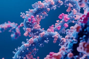 Microscopic view of a virus with pink and blue protein spikes.