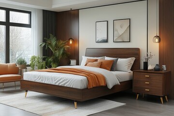 Modern solid wood bedside table with two drawers, dark brown color, golden legs, and black metal leg support. American-style bedroom furniture.