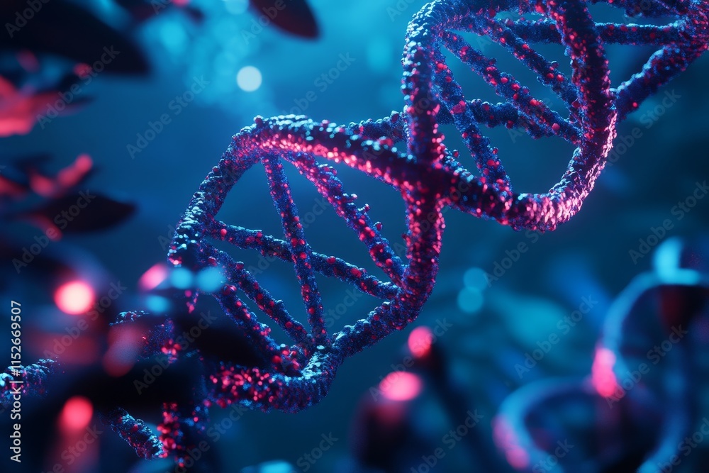 Poster close-up of a 3d rendered dna double helix in vibrant blue and pink hues, showcasing its intricate s