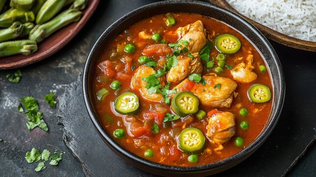 Flavorful Angolan Moamba de Galinha Chicken Stew with Okra and Rice in a Vibrant African Setting