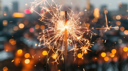 Obraz premium A lit sparkler with bokeh lights in the background.