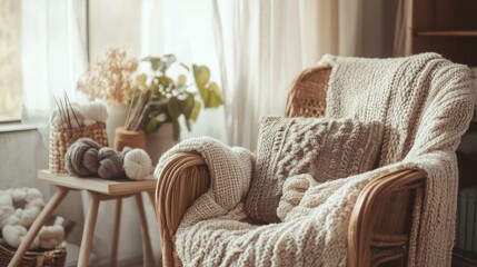 A cozy knitting nook with various yarns and needles, Knitting patterns and a comfortable chair, Warm and homely style