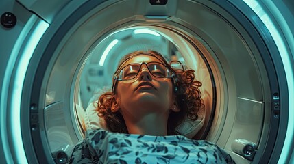 Young woman with glasses asleep inside a futuristic medical scanner.