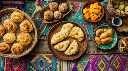 Bolivian Saltenas and Savory Pastries: Colorful Textiles Adorn Rustic Dining Table