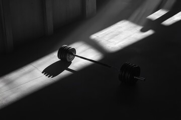 Barbell resting on floor in sunlit gym.