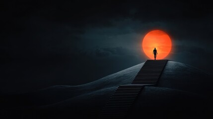 Fototapeta premium Silhouetted Figure Standing on Steps at Dusk with a Large Orange Sun Rising Behind Hills
