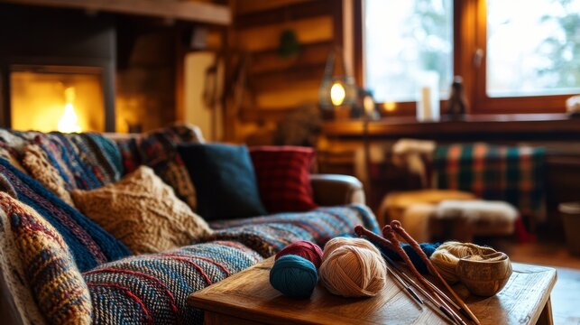 A cozy knitting session in a warmly decorated cabin, Yarn and knitting needles set for crafting, Handcrafting style