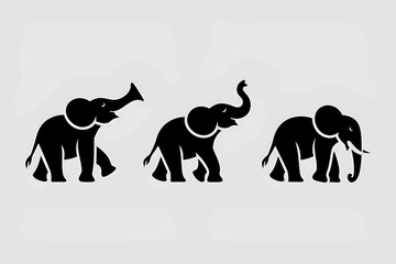 series of black elephant silhouettes walking together, symbolizing strength, unity, and harmony in nature, with minimalistic style on a plain background  
