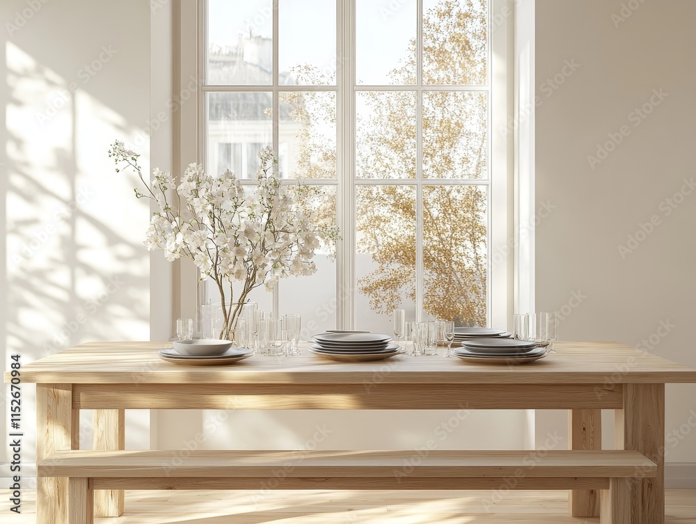 Aufkleber sunlight streams through window onto rustic wooden dining table set for meal with flowers.