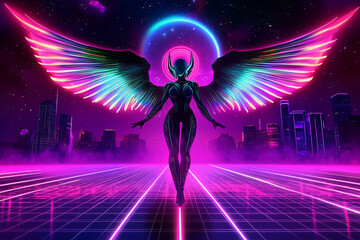 A celestial angel with glowing neon wings stands on a radiant grid, framed by vibrant retrowave colors and a futuristic cityscape under a cyberpunk sunset