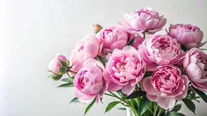 Fototapeta premium Delicate pink peonies arranged in a loose bouquet against a soft white background with subtle greenery