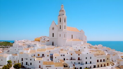 Stunning seaside view of a coastal village featuring whitewashed buildings and a prominent church with a tower under a clear blue sky, ideal for travel enthusiasts and photographers.