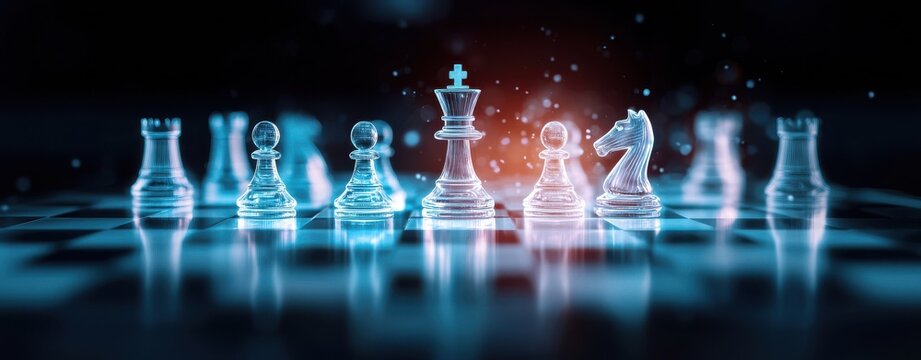 A glowing chess set with transparent pieces, highlighting strategic gameplay against a dark background, creating a mystical atmosphere.