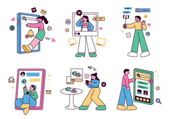 People are using social networking services on their huge mobile screens. outline simple vector illustration.
