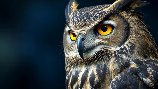 Majestic owl perched in low light, showcasing striking features and sharp gaze