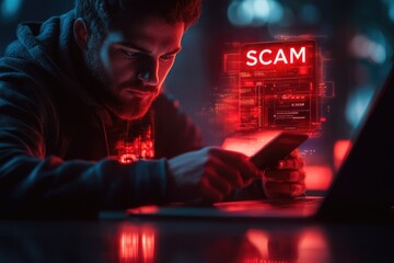 Digital risk alert: text Scam as cautionary message cyber fraud, phishing, internet deception, focusing on growing threats of online crime and need for security awareness, technological protection.