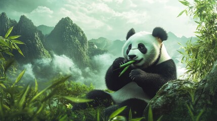 Obraz premium Serene Panda in Misty Mountain Habitat