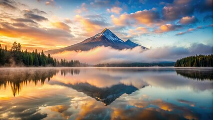Obraz premium A serene landscape of a mountain peak at sunrise with misty clouds and a calm lake in the foreground