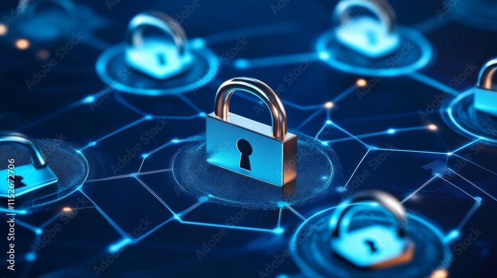 Poster abstract tech background with lock symbols and nodes