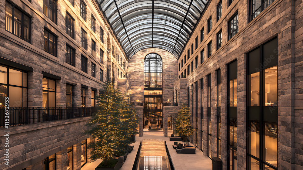 Poster spacious atrium with glass ceiling and decorative trees in a modern building