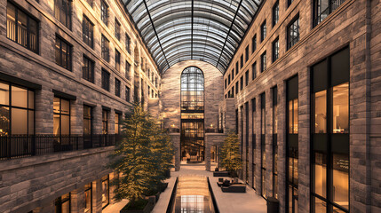 Fototapeta premium Spacious atrium with glass ceiling and decorative trees in a modern building