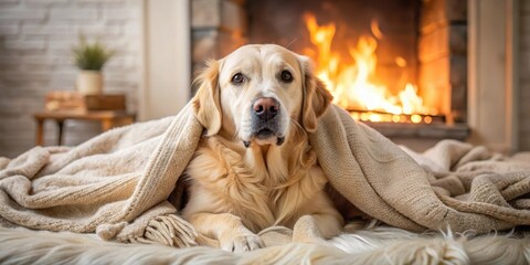 Obraz premium A relaxed golden retriever snuggled up under a cozy throw blanket with soft pastel hues, surrounded by plush pillows and a warm fireplace glow , snuggle, pillows