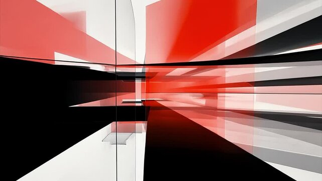 Abstract red, white, grey and black 3D geometric square shapes changing size and dimension. Artistic background for news broadcast or advertisement.