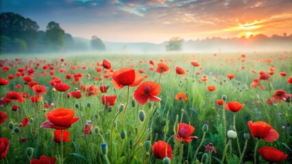 Fototapeta premium Dense red poppy field in a serene morning mist scene with soft green grass and a few scattered wildflowers