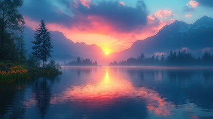 Serene sunset over tranquil lake, mountain backdrop.