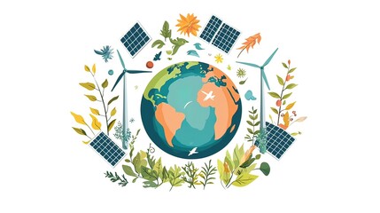 Naklejka premium Sustainable Earth with renewable energy sources, plants, and travel.