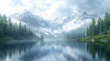 Serene lake reflecting misty snow-capped mountains.
