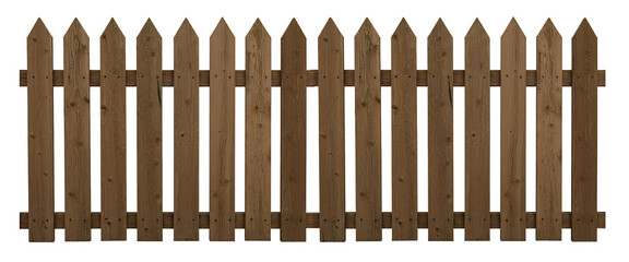 A wooden picket fence with pointed tops, natural grain, and horizontal support beams.