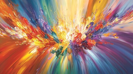 Vibrant abstract painting with dynamic color explosion and impasto texture.