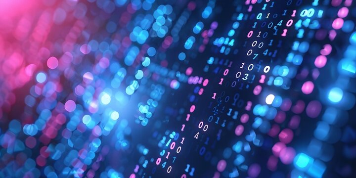 Blue and Red Digital binary code flowing across a technology background