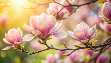 Delicate pink magnolia blossom on a branch in a garden, soft colors
