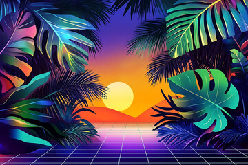 Obraz premium A radiant neon tropical garden glowing under retrowave lights, featuring luminous palm trees and vibrant synthwave colors against a bold futuristic backdrop
