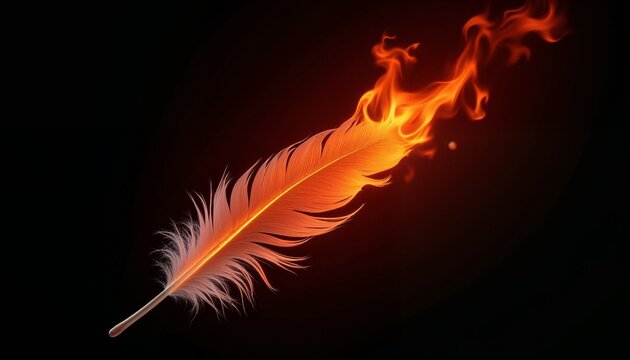 Flaming feather glowing against dark background